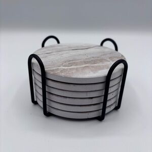Marble Stone Coasters Set of 6 with Metal Holder — Absorbent Cork Back Drink